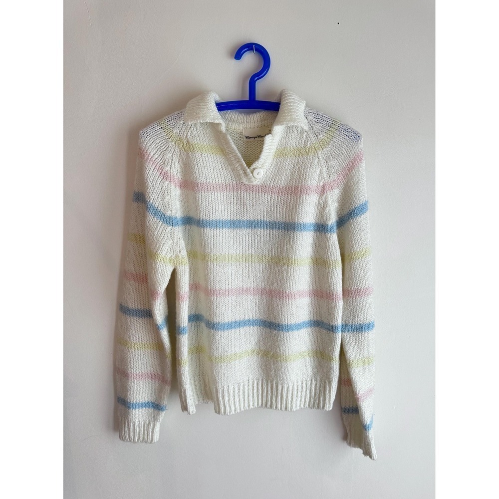 Vintage 80s Carriage Court Pastel Striped Knit Hoodie Sweater – Made in Taiwan